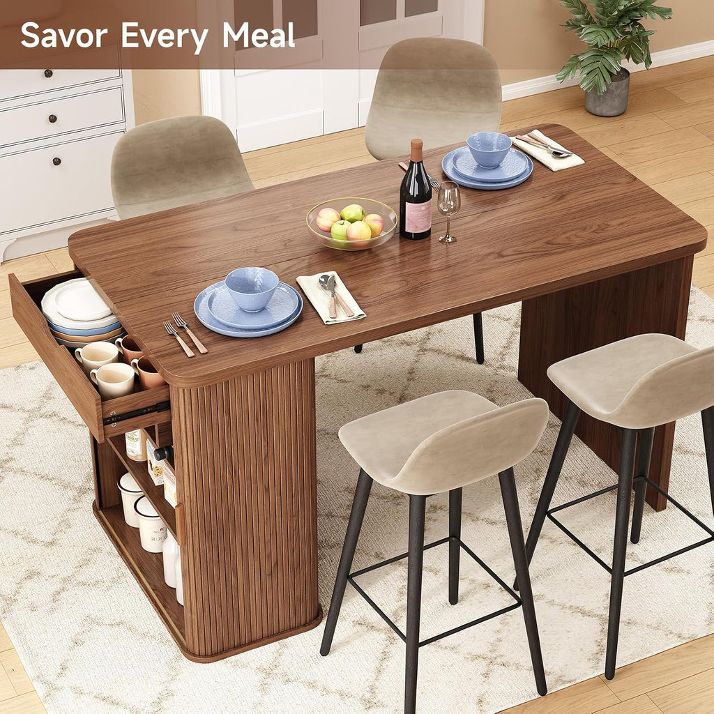 ONBRILL 61 Inch Kitchen Island with Storage, Fluted Counter Height Table, Mid-Century Modern Kitchen Island Table with Sliding Door, Home Bar Tables with Wine Rack and Drawers (Walnut)