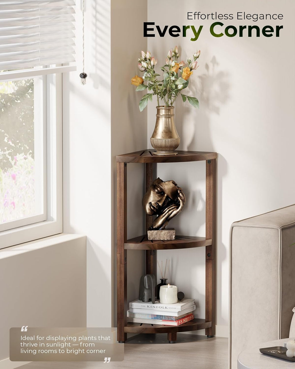 BLUEWEST 3-Tier Corner Shower Caddy Stand, Wood, Walnut | Shower Organizer Standing, Anti-Slip Feet, Waterproof & Durable, Space-Saving Design, Bathroom Corner Shelf