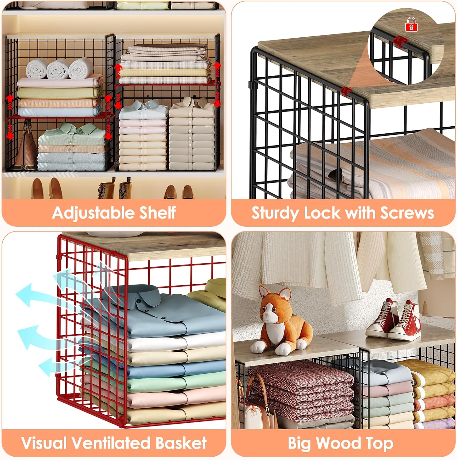 5-Tier Large Stackable Closet Organizer and Storage Basket, Sturdy Closet Shelf Organizer with Wood Top, Stackable Storage Bins Cubes for Clothes with Adjustable Shelf for Wardrobe Organization