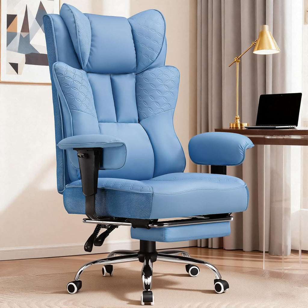 GTPLAYER Big and Tall Office Chair, Wide Ergonomic Gaming Chair with Deluxe Embossing Designed Leather with Foot Rest,150°Reclining Adjustable Soft Armrests Pocket Spring Back Support and Pillow