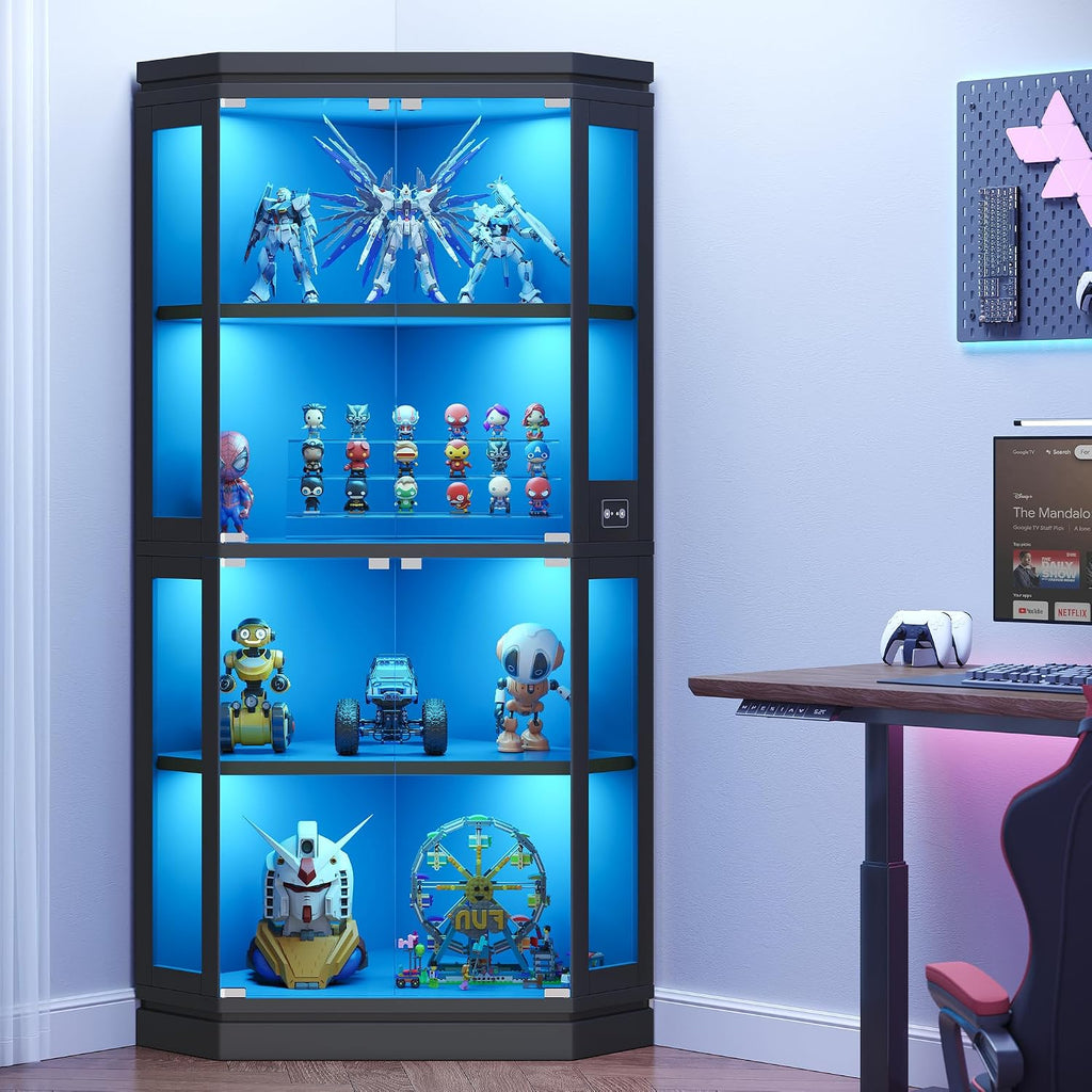 Jocoevol Corner Display Cabinet with 4 Glass Doors, 4-Tier Display Cases with RGB Lights for Collectibles, 67'' Tall Corner Curio Cabinet with Human Body Sensor for Living/Game Room (Black)