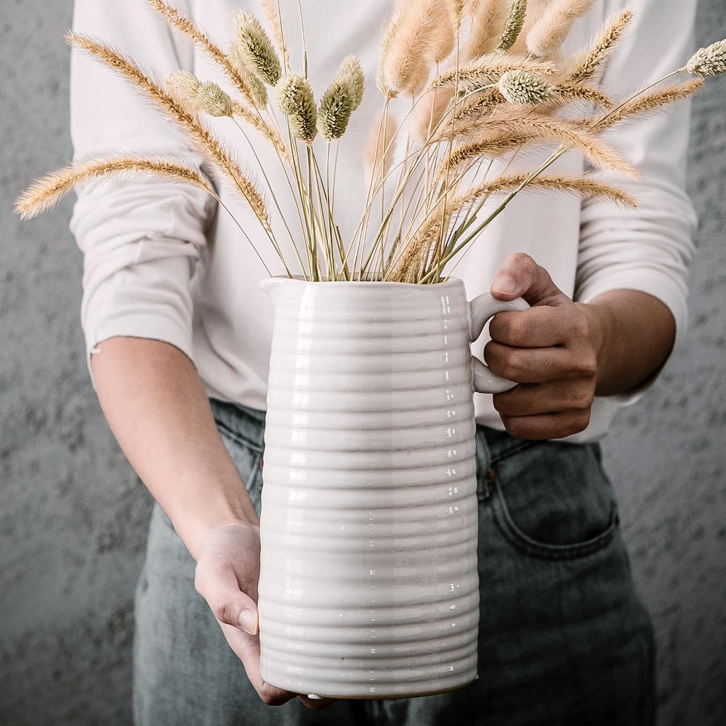 Kimdio White Ceramic Vase with Handle, Modern Farmhouse Pitcher Vases for Home Decor, Rustic Texture Pottery Vase, Decorative Flower Vase, Clay Vase, Centerpieces for for Living Room