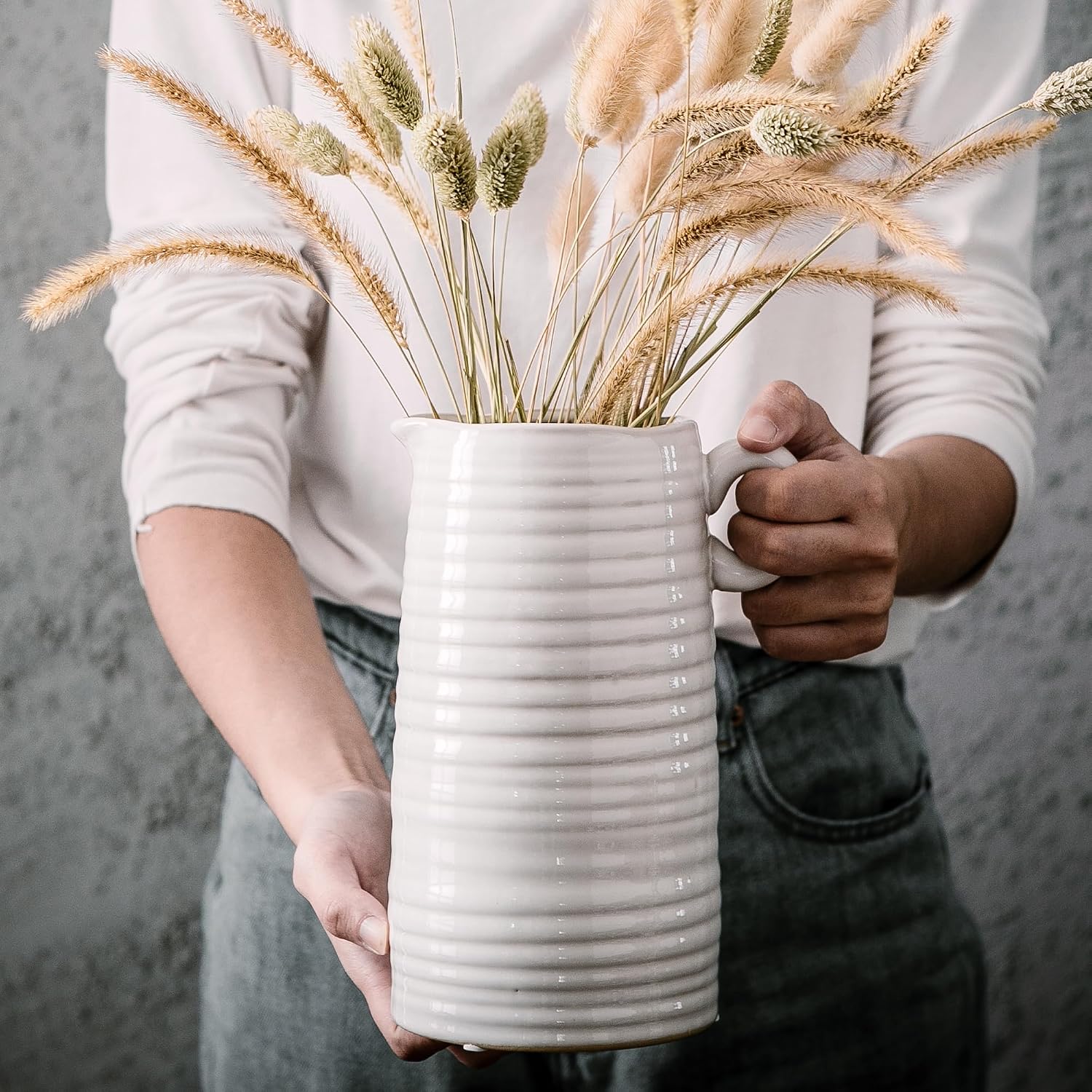 Kimdio White Ceramic Vase with Handle, Modern Farmhouse Pitcher Vases for Home Decor, Rustic Texture Pottery Vase, Decorative Flower Vase, Clay Vase, Centerpieces for for Living Room