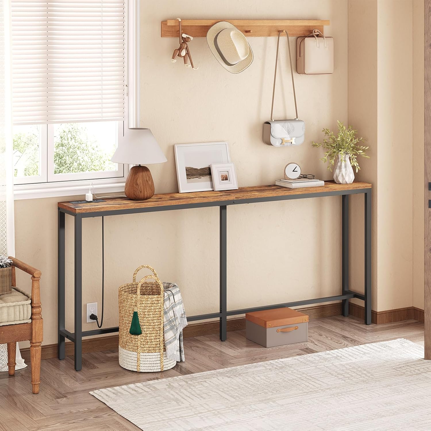 MAHANCRIS 70.9'' Console Table with Power Outlet, Narrow Sofa Table with Charging Station, Skinny Behind Couch Table for Entryway, Hallway, Foyer, Living Room, Rustic Brown CTHR18E01Z1