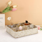 Hipiwe 4-Section Snacks Basket Serving Tray Wicker Divided Tea Bag Basket | Handwoven Seagrass Coffee Pod Organizer Sugar Packet Holder Basket Bin for Shelf Coffee Bar, Whitewash