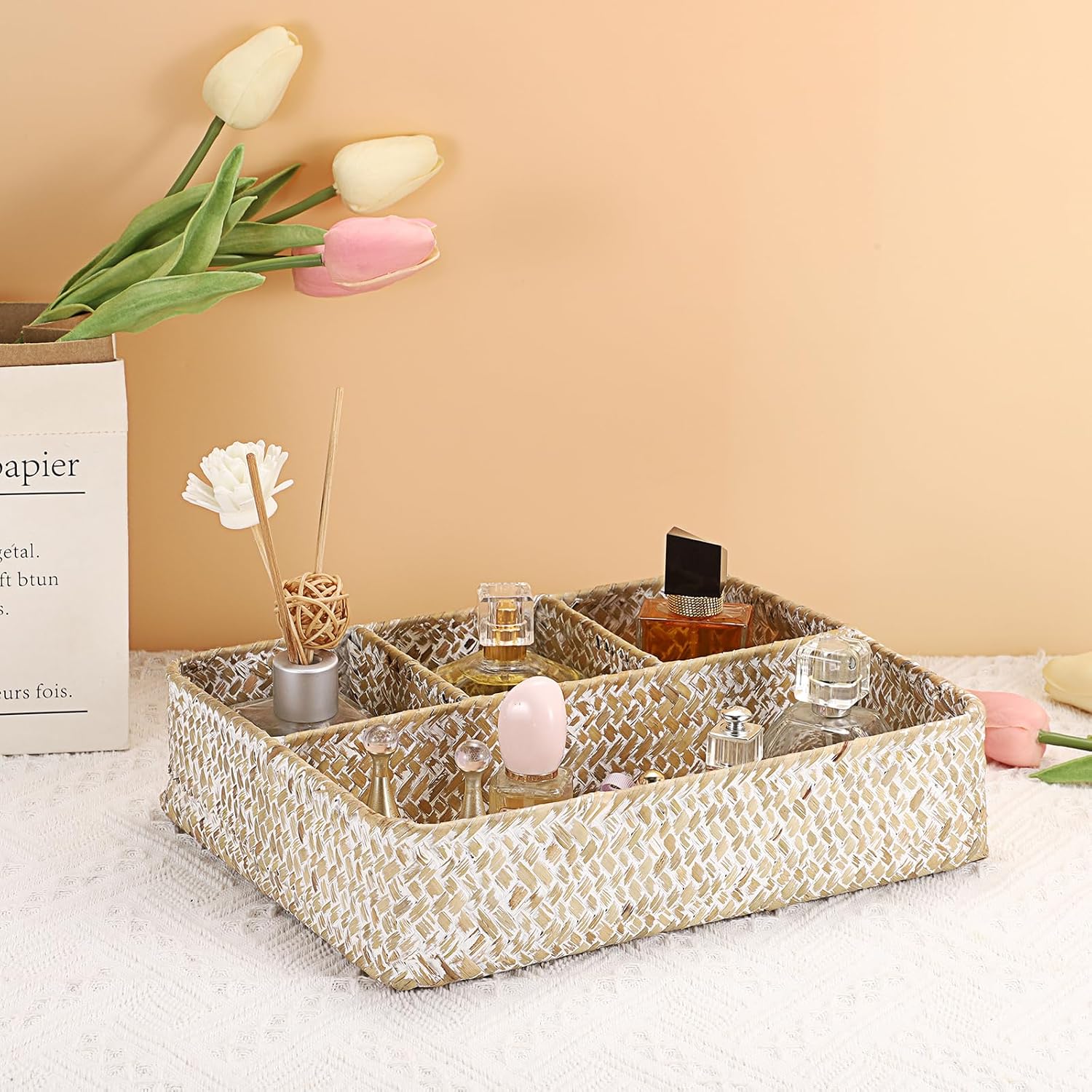 Hipiwe 4-Section Snacks Basket Serving Tray Wicker Divided Tea Bag Basket | Handwoven Seagrass Coffee Pod Organizer Sugar Packet Holder Basket Bin for Shelf Coffee Bar, Whitewash