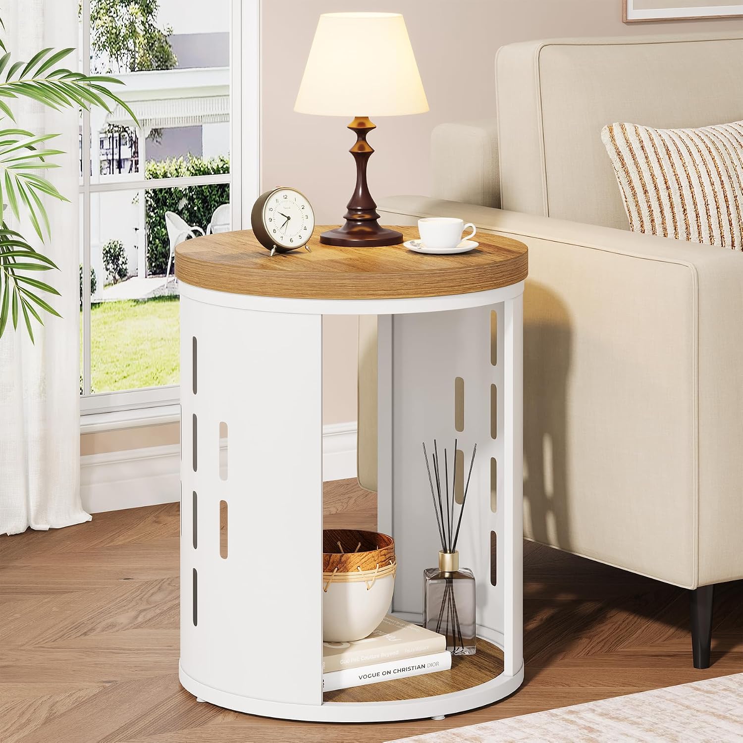 Rustic Round End Table, 2-Tier Side Table with Storage Shelf, Small Nightstand for Living Room and Small Spaces, White Metal Frame (Light Brown, Set of 2)