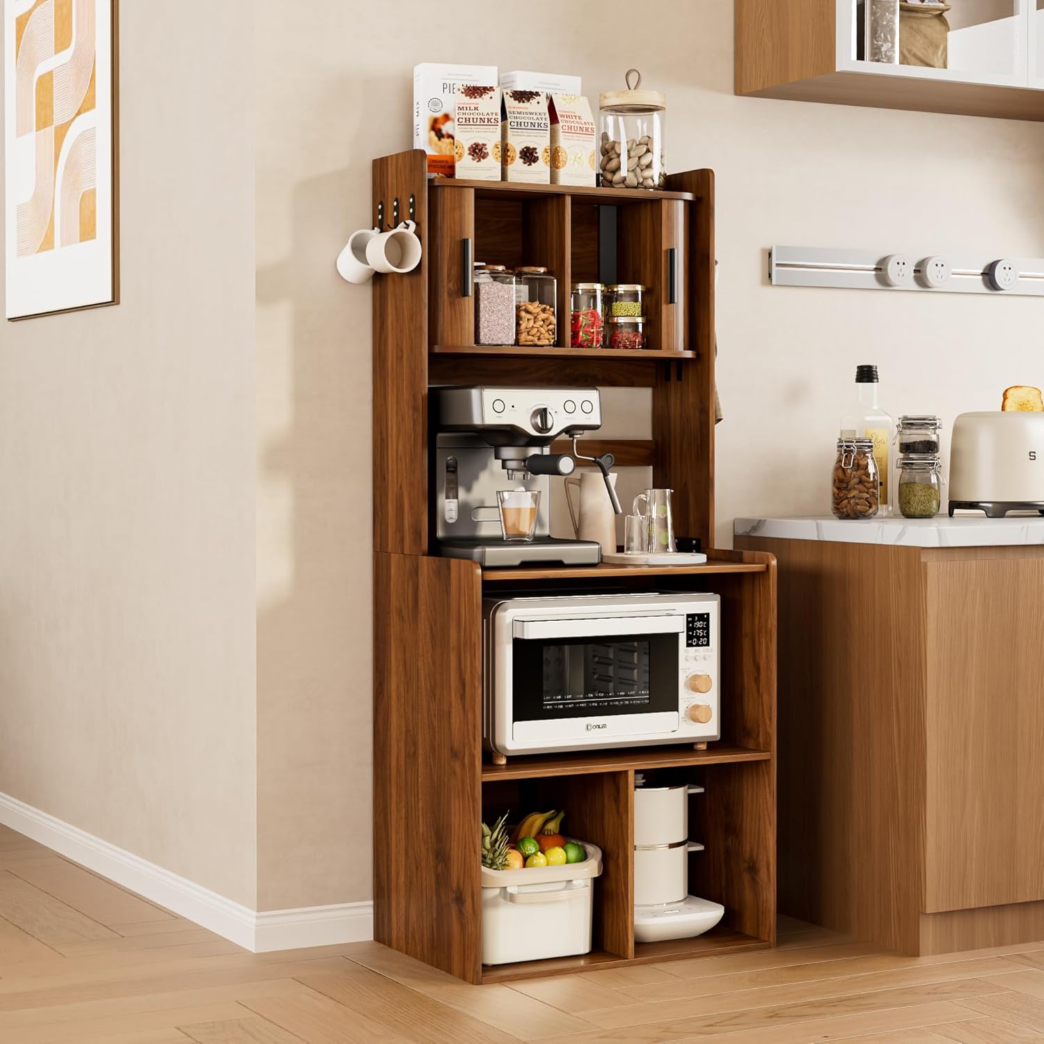 Kitchen Bakers Rack,Coffee Bar with Fluted Sliding Door,5 Tier Free Standing Kitchen Shelves Rack with 6 Hooks and Cable Holes,Microwave Stand for Small Spaces,Kitchen,Living Room