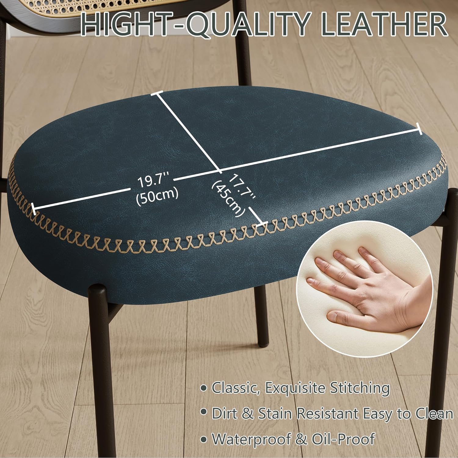 Rattan Dining Chairs Set of 2, Blue Leather Upholstered Dining Chairs with Rattan Cane Back, Mid Century Modern Dining Room Chairs with Black Metal Legs & D-Shaped Thicken Cushion, Blue