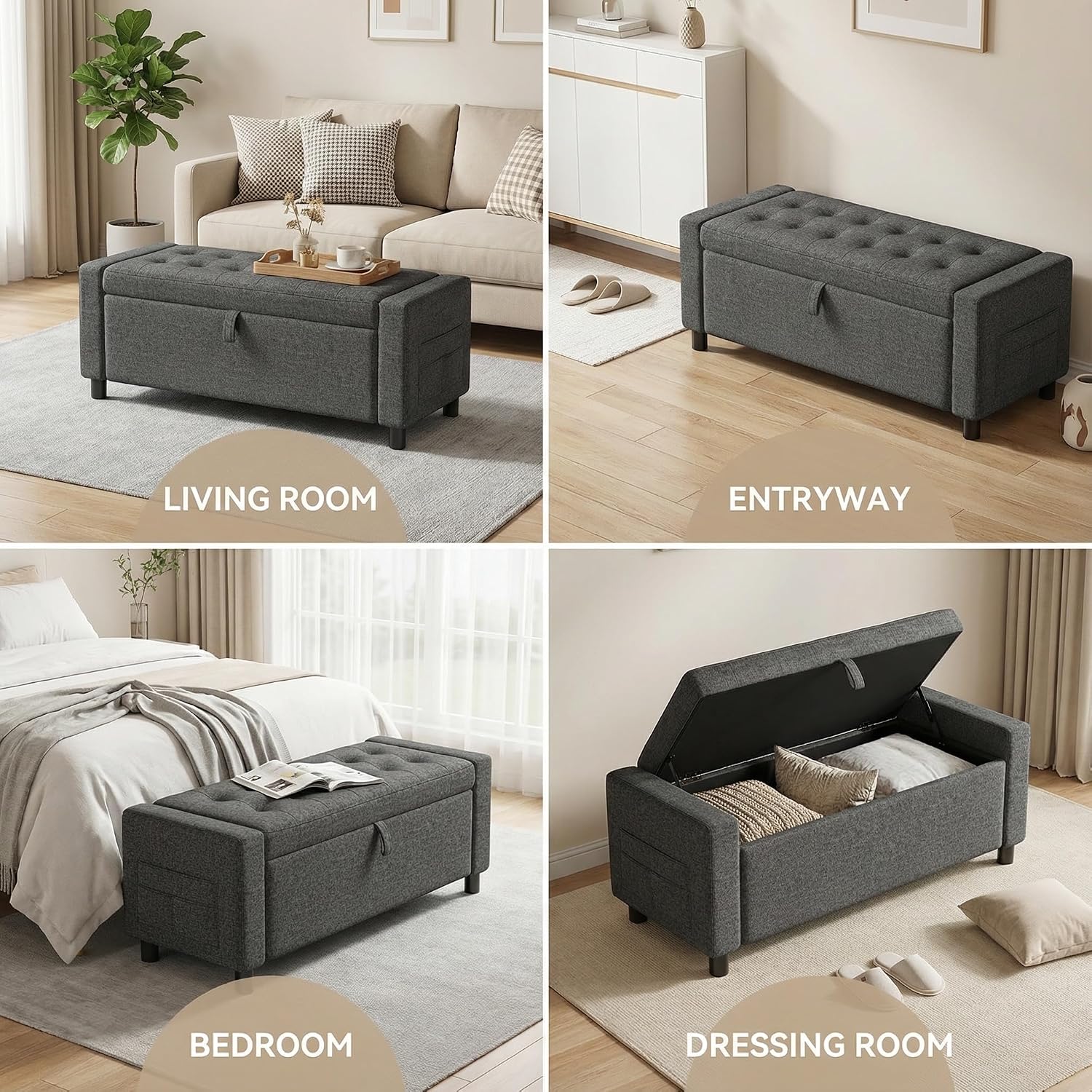 Amada 46" Ottoman with Storage,Storage Ottoman Bench with Safety Hinge, Hidden Compartment & Side Pocket, 400 lbs Weight Capacity, end of Bed/Entryway Bench for Bedroom/Living Room, Dark Gray