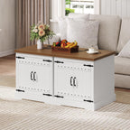 MAHANCRIS Farmhouse End Table with Charging Station, 23.6" Large Sofa Side Table, Wooded Square Nightstand with Barn Door, Adjustable Shelf, Bedside Table for Living Room, Bedroom, White and Walnut