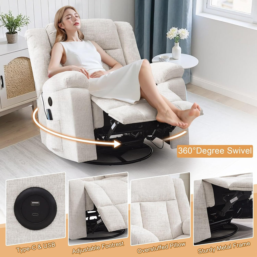 Korser Rocker Recliner, Glider Recliner Chairs for Adults, 360° Swivel Rocking Chair with Massage and Heating, Nursery Chair with Storage and USB Charging, Ivory White, Swivel Rocker Recliner