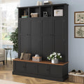 Merax Farmhouse Hall Tree with Bench and Cabinet, 4-in-1 Entryway Storage Organizer with Rack, Shoe Storage and Hooks for Mudroom, Living Room, Bedroom, Black