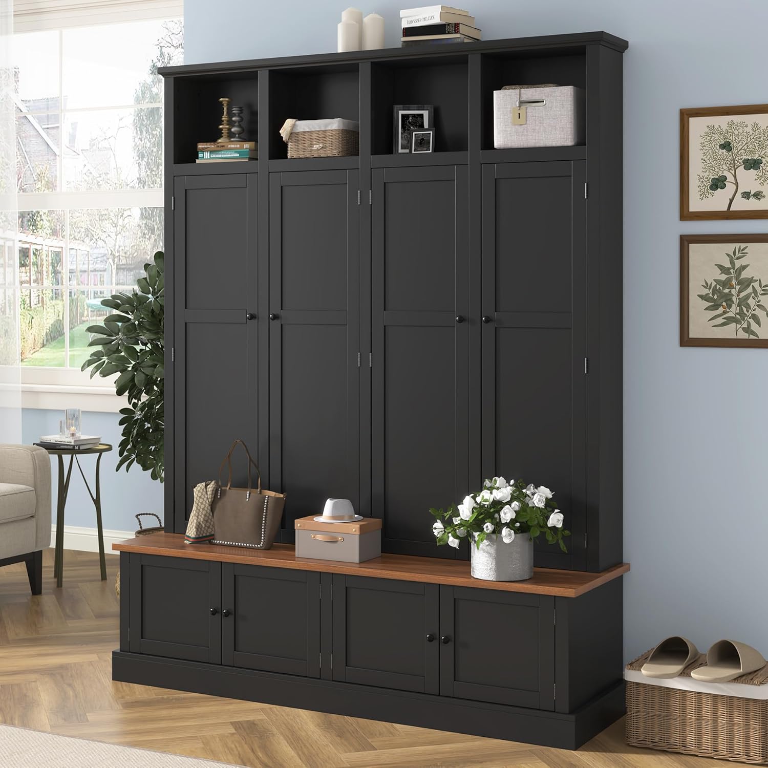 Merax Farmhouse Hall Tree with Bench and Cabinet, 4-in-1 Entryway Storage Organizer with Rack, Shoe Storage and Hooks for Mudroom, Living Room, Bedroom, Black