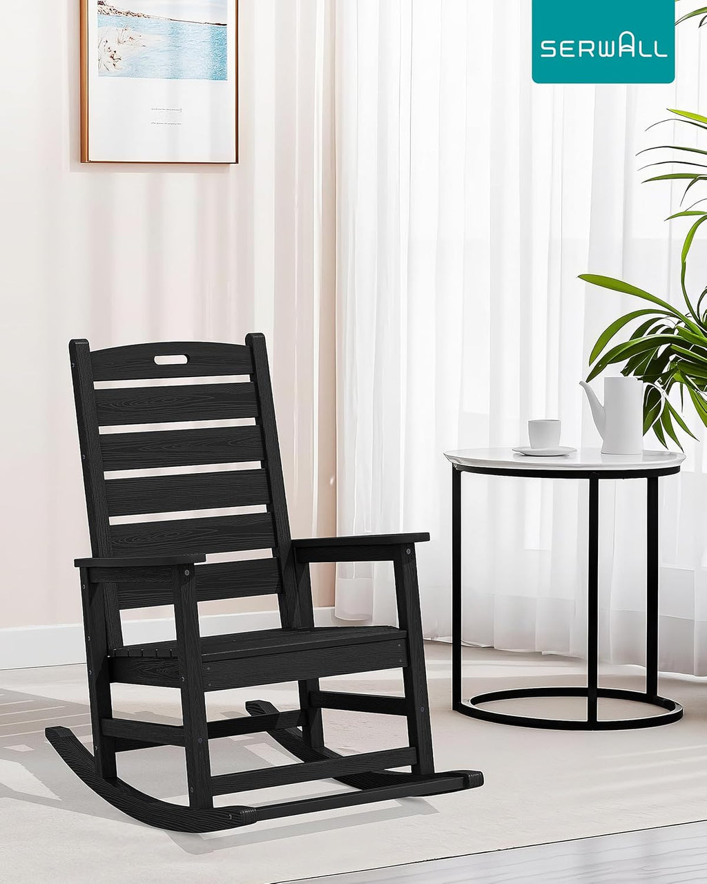 SERWALL Outdoor Rocking Chair Set of 2, Oversized Rocking Chair with Footboard for Adults, HDPE All Weather Resistant Rocking Chairs for Patio, 350lbs Weight Capacity, Black