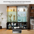 Gurexl 71" Tall Glass Display Cabinet - with LED Lights & Human Sensor, Locking Curio Cabinet with Adjustable Shelves, Modern Bookcase Display Case for Collectibles, Toys, Books, Living Room,Black
