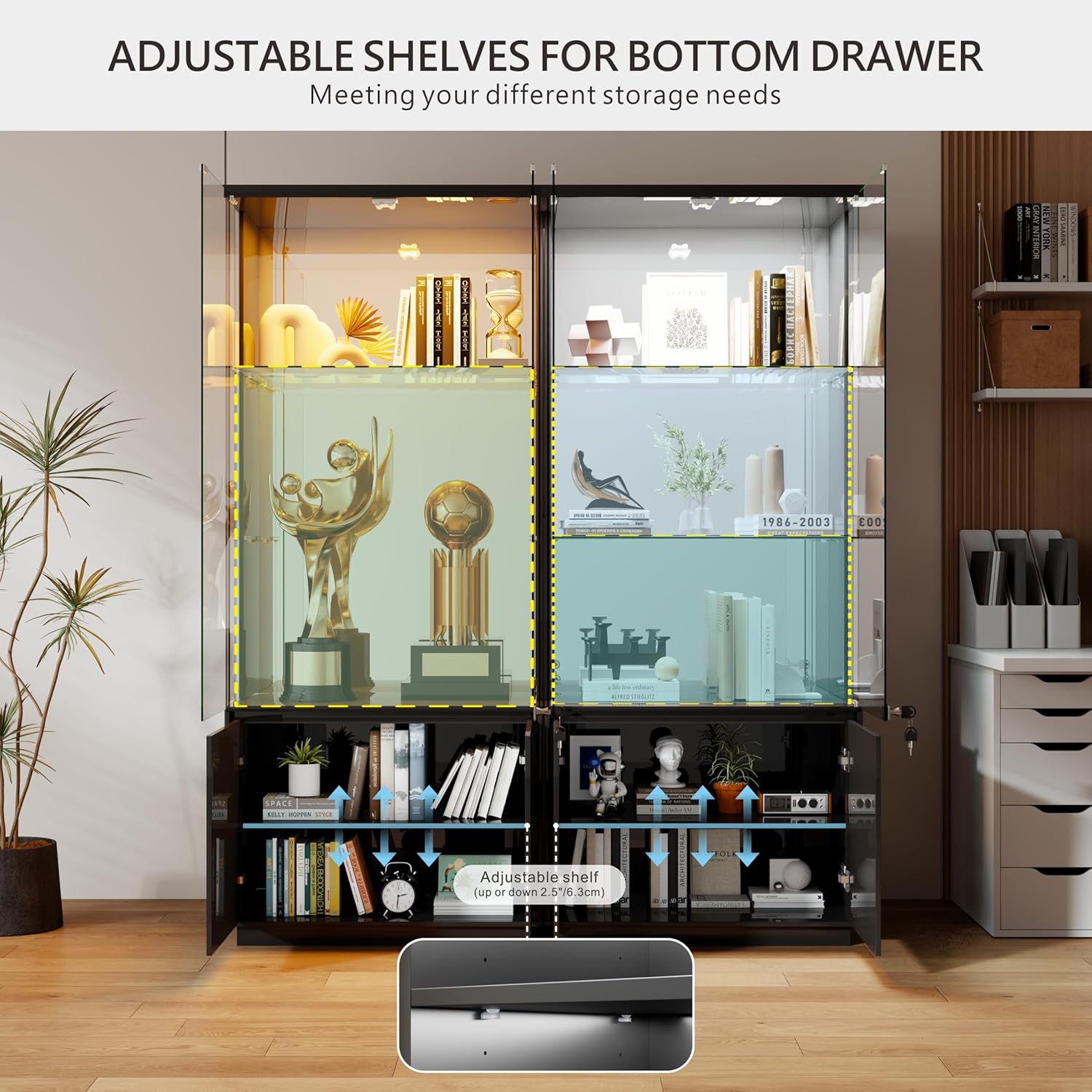 Gurexl 71" Tall Glass Display Cabinet - with LED Lights & Human Sensor, Locking Curio Cabinet with Adjustable Shelves, Modern Bookcase Display Case for Collectibles, Toys, Books, Living Room,Black