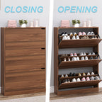BORNOON Shoe Cabinet with 3 Flip Drawers, Slim Narrow Shoe Storage Cabinet, Freestanding Shoe Organizer with Adjustable & Removable Shelves, Top Display Shelf for Entryway, Hallway, Foyer, Closet