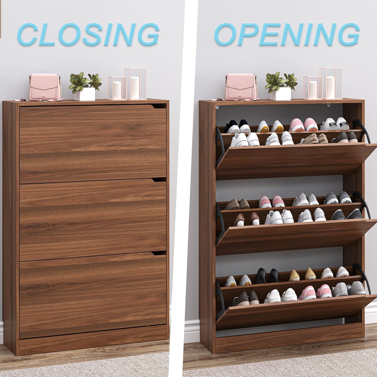 BORNOON Shoe Cabinet with 3 Flip Drawers, Slim Narrow Shoe Storage Cabinet, Freestanding Shoe Organizer with Adjustable & Removable Shelves, Top Display Shelf for Entryway, Hallway, Foyer, Closet