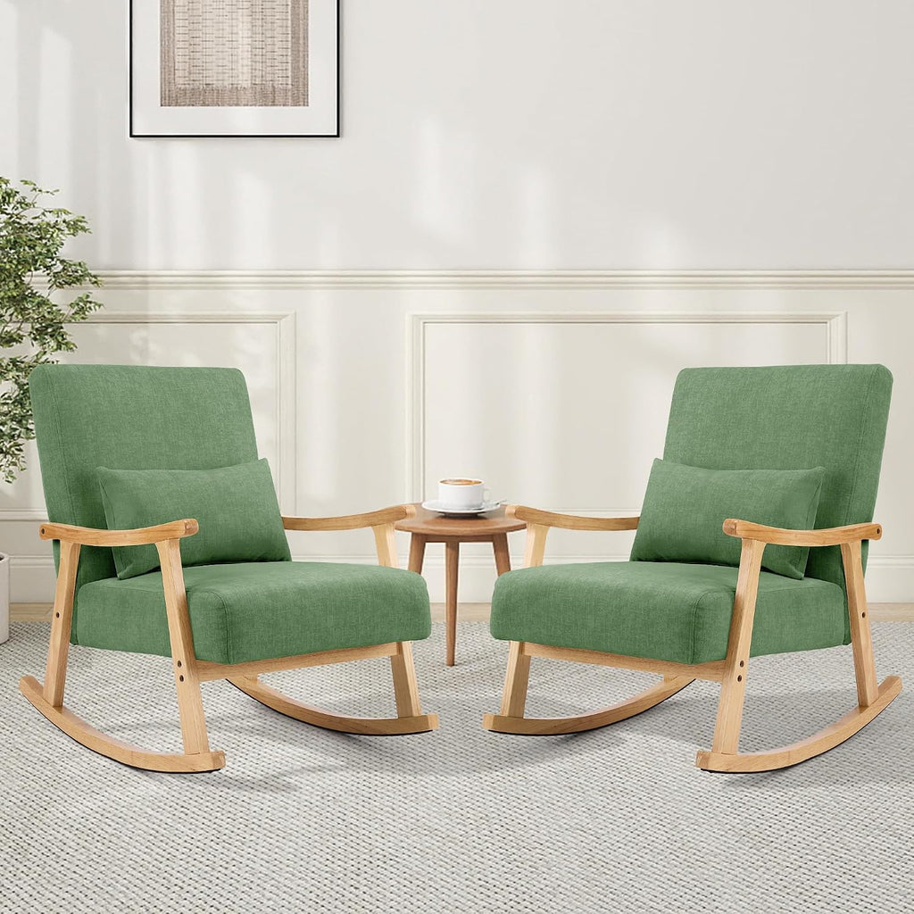 SAETSFEG Rocking Chair for Nursery with Lumbar Pillow, Upholstered Accent Chair with Solid Rubberwood Frame, Living Room & Bedroom, Cozy Reading Chair for Small Spaces, Green