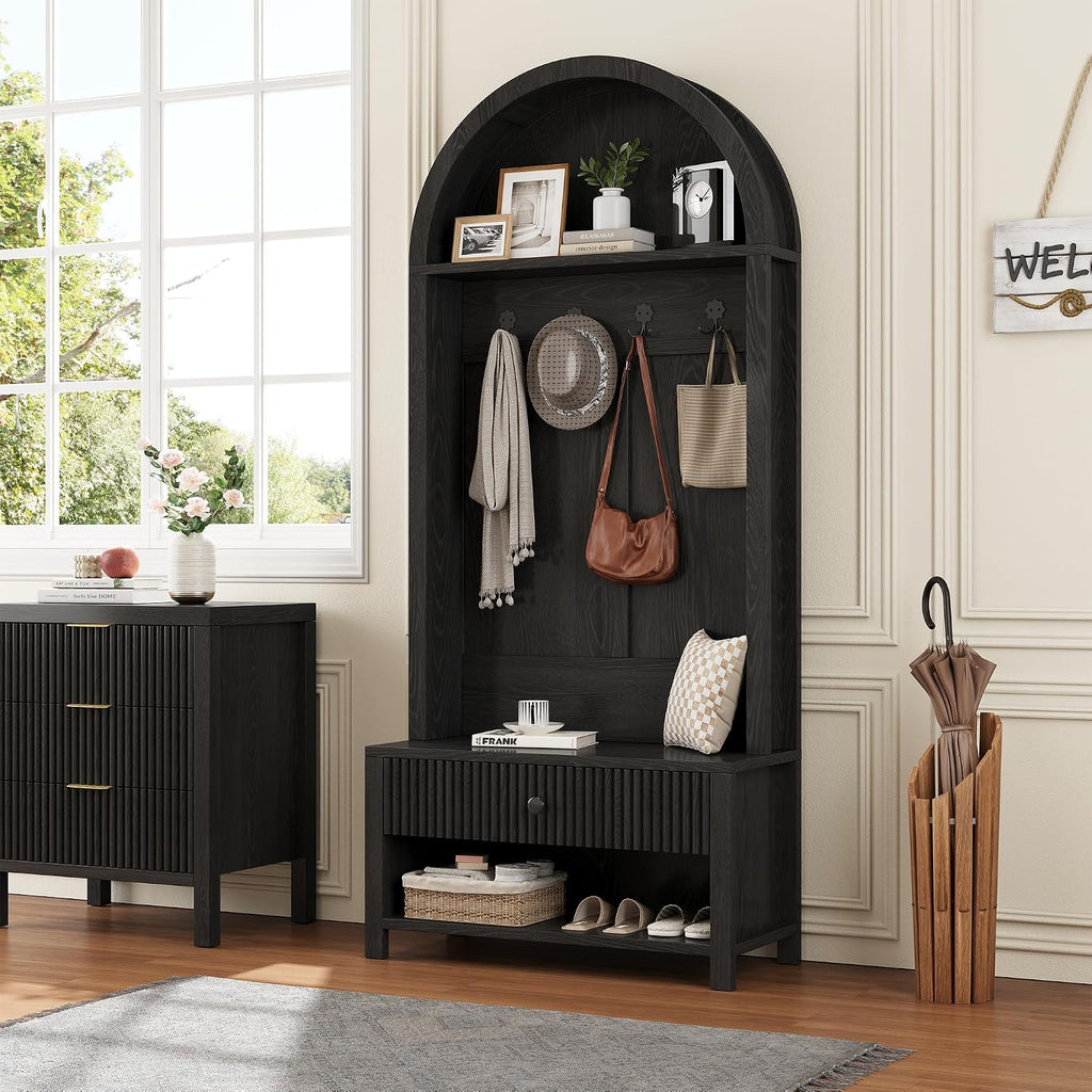 70.86-inch Entryway Hall Tree, Farmhouse-Style Wooden Coat Rack Freestanding, Entryway Organizer with Four Hooks, Standing Shoe Rack with Bench for Hallways, Foyers, and Living Rooms, Black