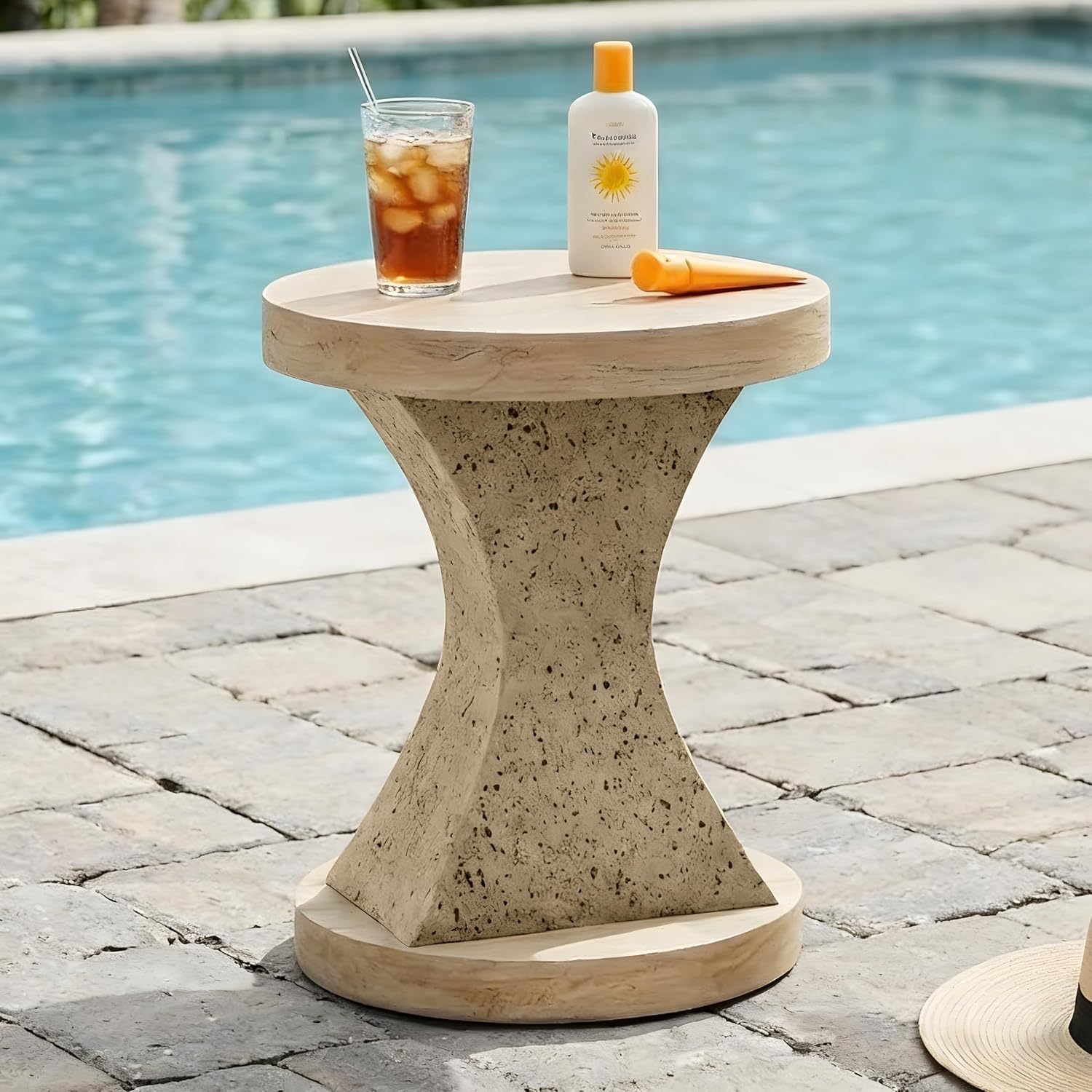 FESTIVITY 17.91" Round MGO Side/End Table with Natural Stone & Wood-Look Finish, Sahara Oak Travertine