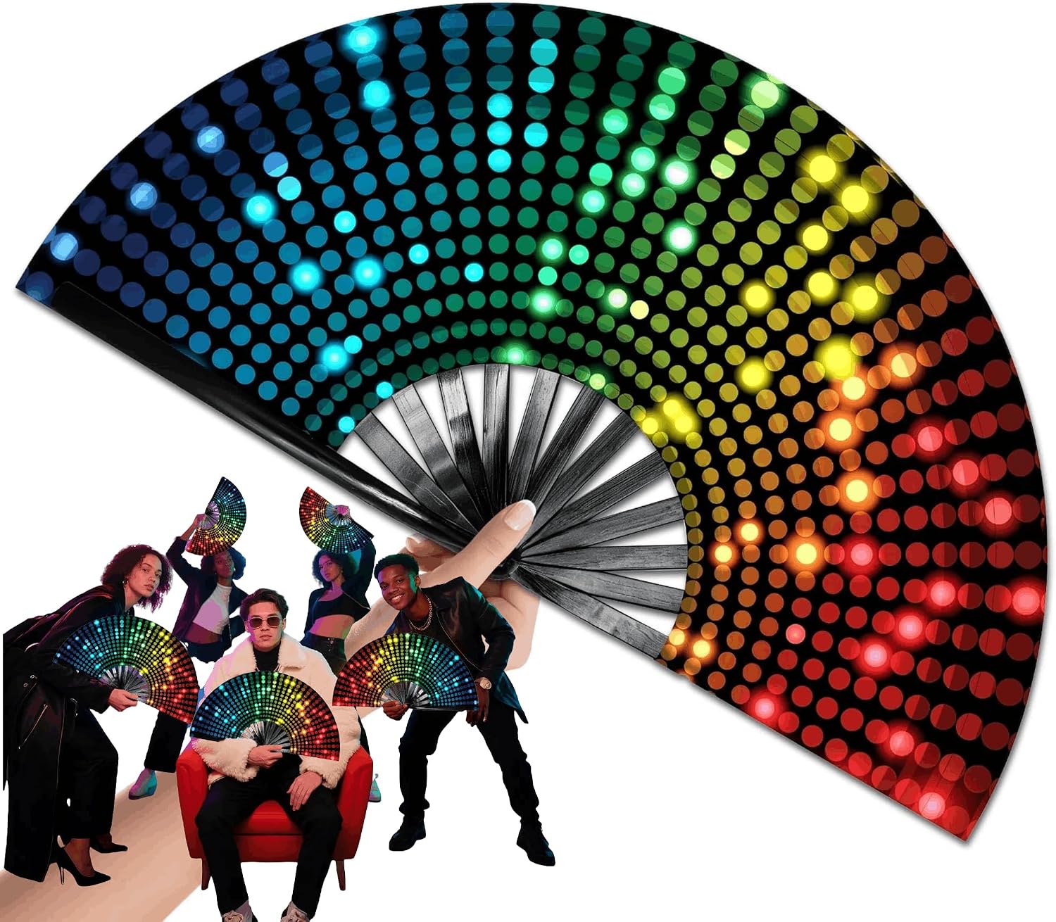 Large Glow Rave Fan, 13 Inch Folding Clack Hand Fan with DJ Lighting Effects - Portable Handheld Line Dancing Fan for Music Festivals, EDM Parties & Rave Outfit Accessories
