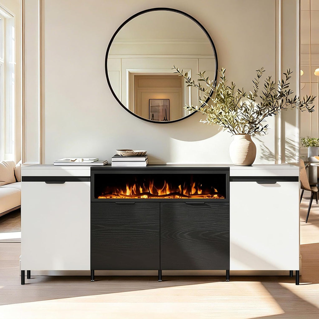 Sideboard Buffet Cabinet with Storage, 80" Large Credenza with 40" Fireplace, Wood Coffee Wine Bar Console Table with 4 Doors & Open Shelf for Dining Room, Living Room, Black & White
