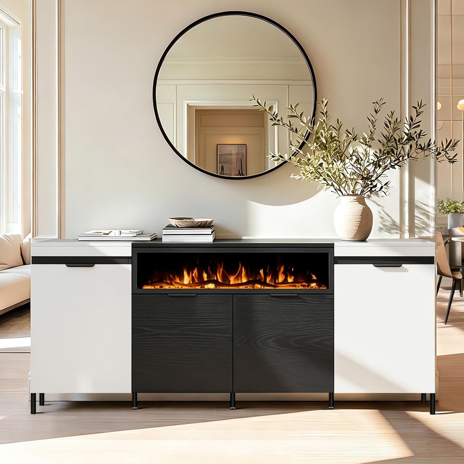 Sideboard Buffet Cabinet with Storage, 80" Large Credenza with 40" Fireplace, Wood Coffee Wine Bar Console Table with 4 Doors & Open Shelf for Dining Room, Living Room, Black & White