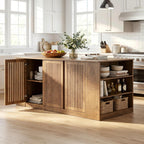 Tribesigns 71" Kitchen Island with Storage and Seating, Wooden Stationary Kitchen Bar, Large Island Table with Slatted Doors Cabinet & 6 Open Shelves, Farmhouse Style for Apartment & Home
