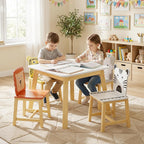 Kids Table and 4 Chairs, Wooden Stable Table and Chair Set (Elephant&Leopard&Lion&Zebra), Ideal for Arts & Crafts, Snack Time, Homeschooling, Homework & More