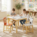 Kids Table and 4 Chairs, Wooden Stable Table and Chair Set (Elephant&Leopard&Lion&Zebra), Ideal for Arts & Crafts, Snack Time, Homeschooling, Homework & More