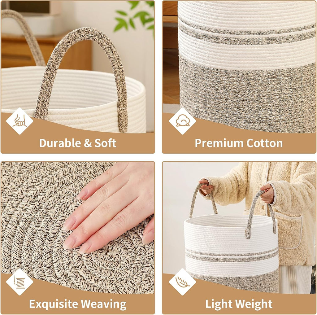 Laundry Basket Hamper Tall Rope Storage Woven for Blanket toys Dirty Clothes in Living Room Bathroom Bedroom (Brown&White, 60L/15.8Gal)