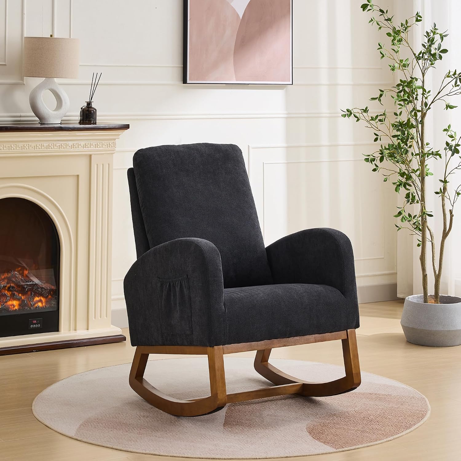 Rocking Chair, Nursery Chair, Polyester Accent Armchair, High Back Rocker with Side Pocket, Rubber Wood Legs, Walnut Finish, Living Room Bedroom Reading Nook, 250 lb Capacity, Black