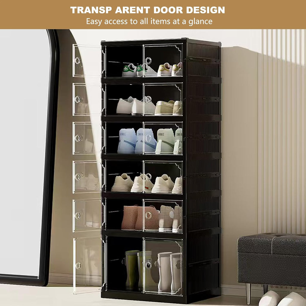 6 Tiers 12 Pairs Foldable Shoe Rack Storage Cabinet, Suitable for Closet Entryway, Collapsible Shoe Storage Organizer Cabinet with Magnetic Door，Easy Assembly (Black, 13.7x17.3x47.2)