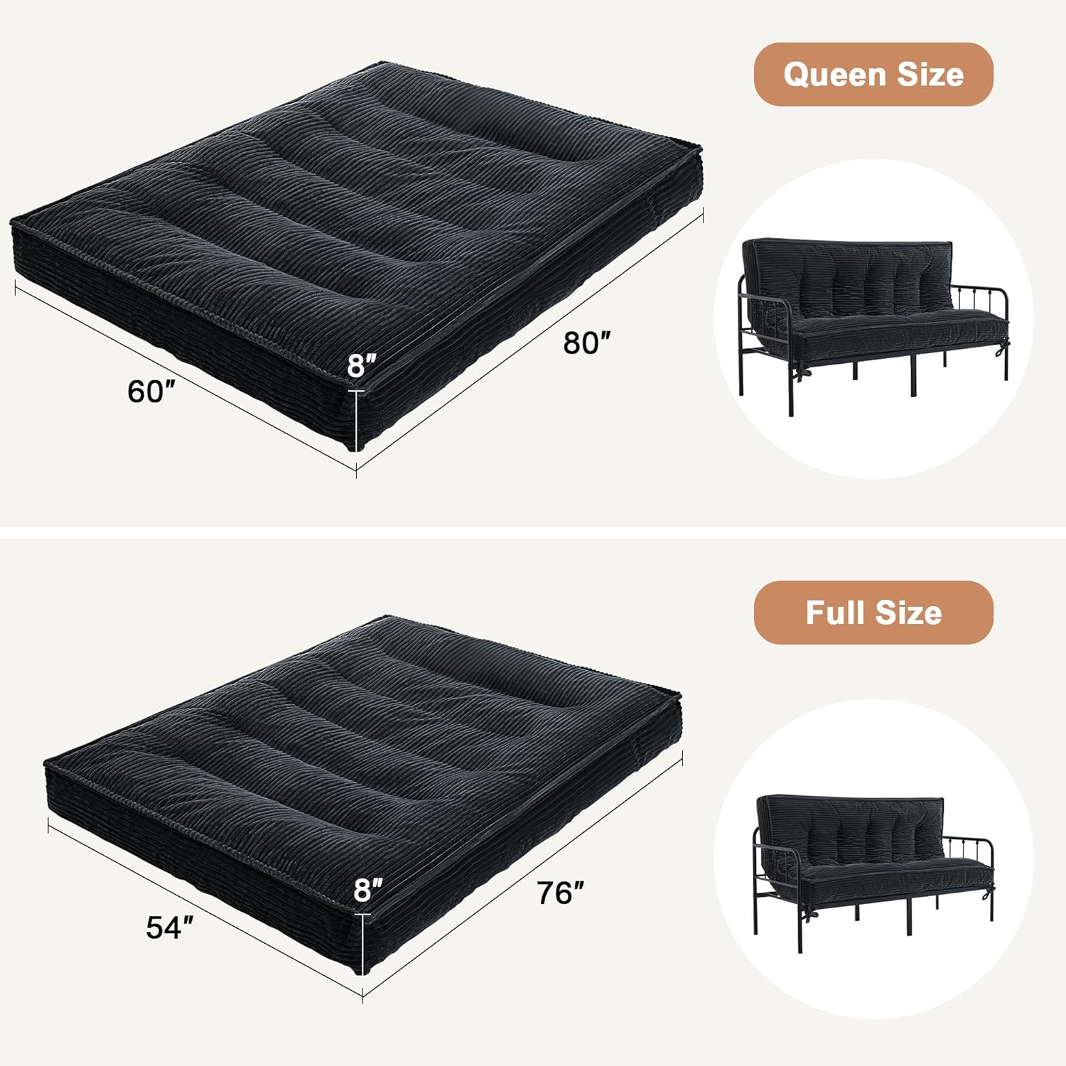 8" Futon Mattress Queen Size,Foldable Futon Sofa Couch Bed Twisted Rope Design Edging,Floor Mattress Thick Density Shredded Foam(Frame Not Included),Sleeping Pad for Guest Bedroom Living,Black