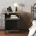 End Table with USB Charging Hub & Storage Pocket, Modern Metal Side Table Adjustable Feet for Bedside, Living Room