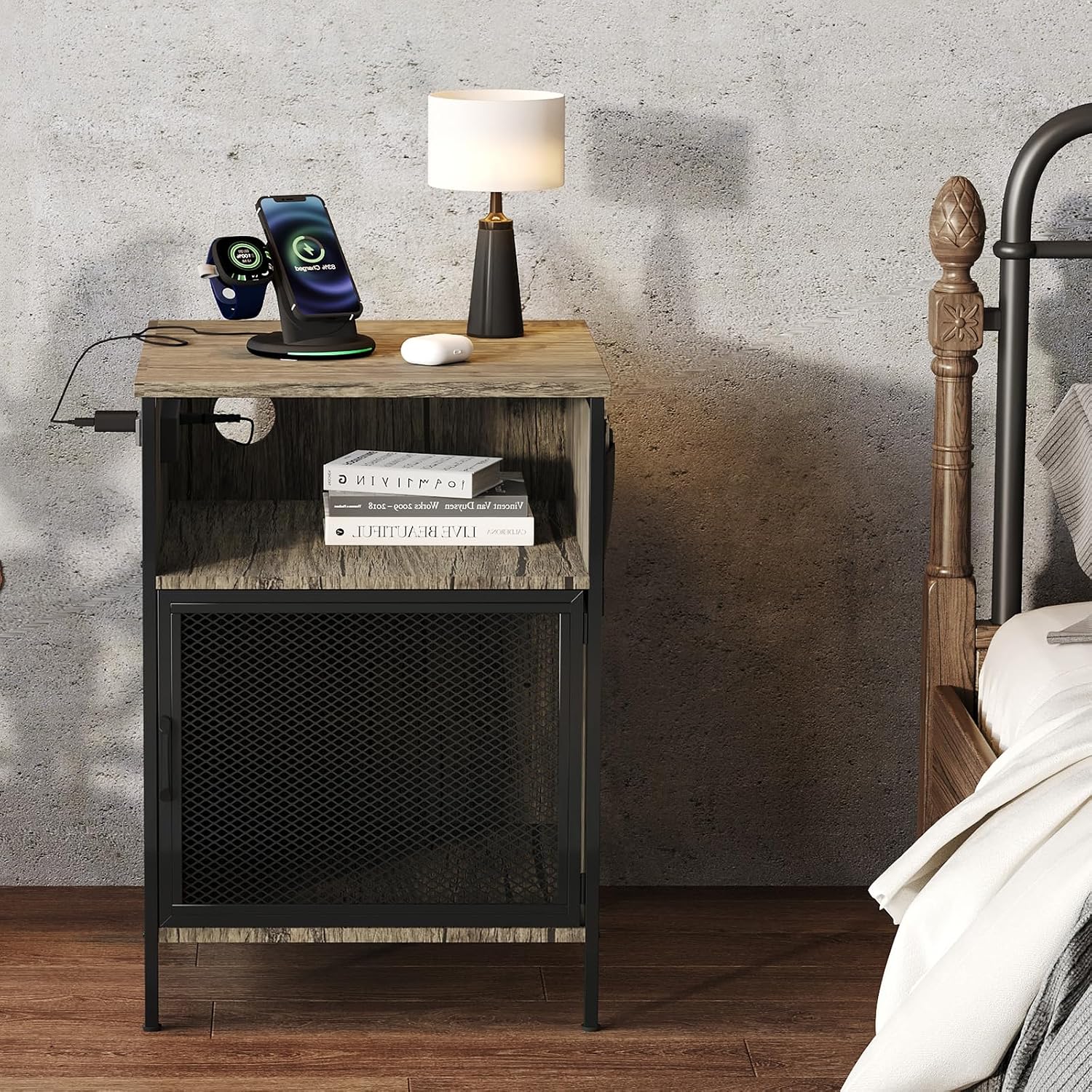 End Table with USB Charging Hub & Storage Pocket, Modern Metal Side Table Adjustable Feet for Bedside, Living Room
