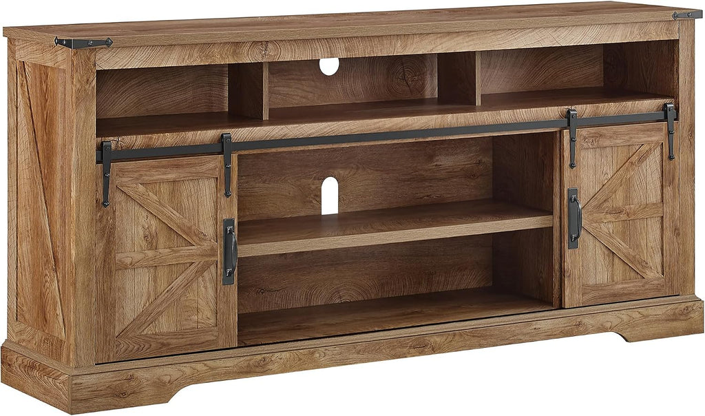 OKD 70" Farmhouse TV Stand for TVs up to 80", Light Knotty Oak | 33" Tall, Rustic Entertainment Center, Sliding Barn Door, Large Open Storage Shelf, 2 Storage Cabinets, Living Room, Bedroom
