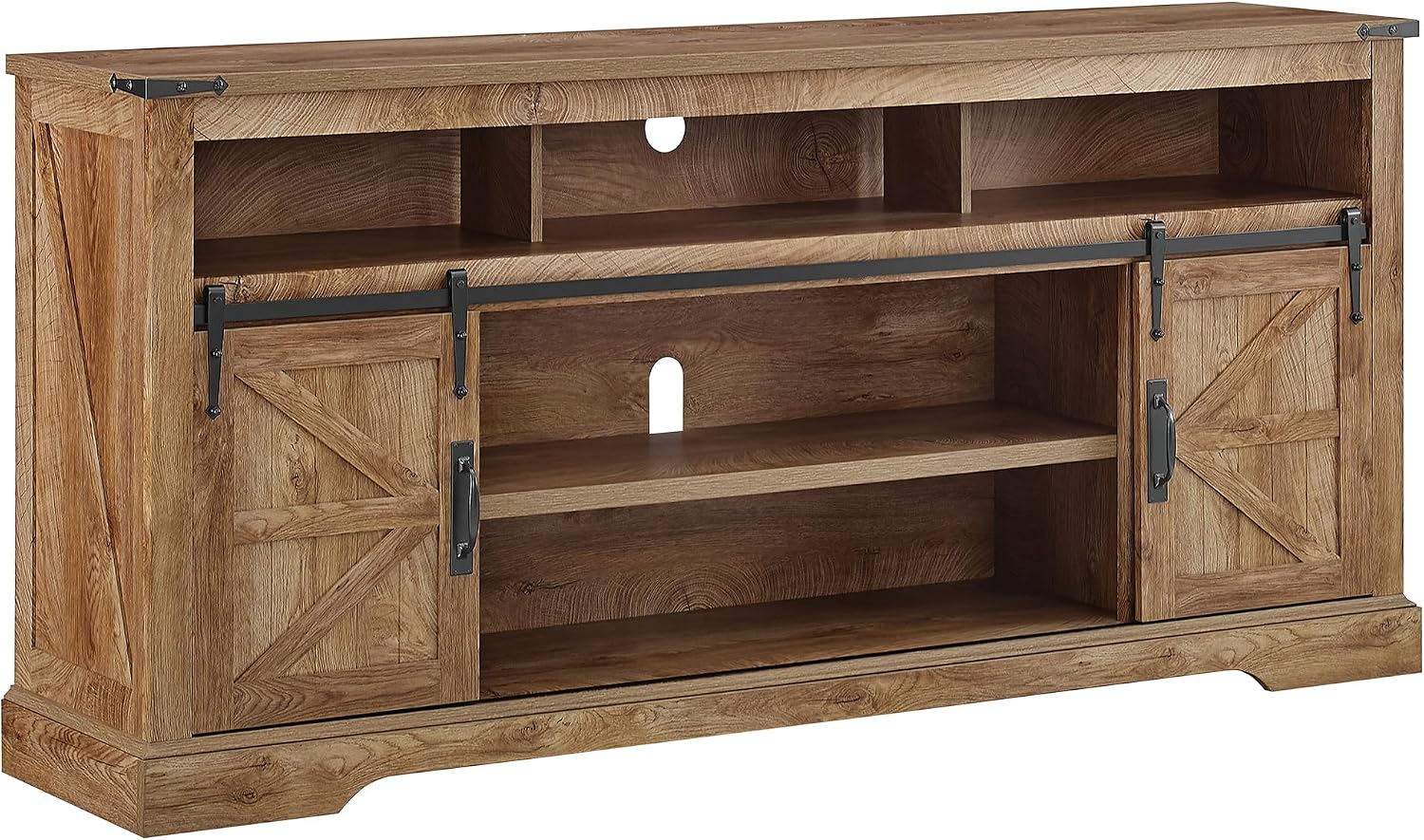 OKD 70" Farmhouse TV Stand for TVs up to 80", Light Knotty Oak | 33" Tall, Rustic Entertainment Center, Sliding Barn Door, Large Open Storage Shelf, 2 Storage Cabinets, Living Room, Bedroom