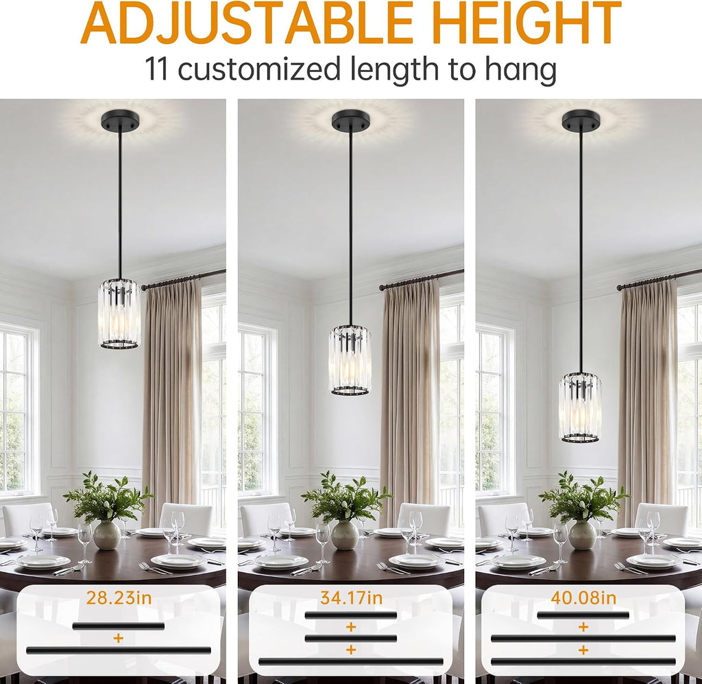 Black Pendant Light, Modern Crystal Pendant Lights Kitchen Island, Kitchen Island Lighting with Adjustable Height, UL Certified Island Lights for Kitchen Dining Room Bedroom Hallway 3 Pack