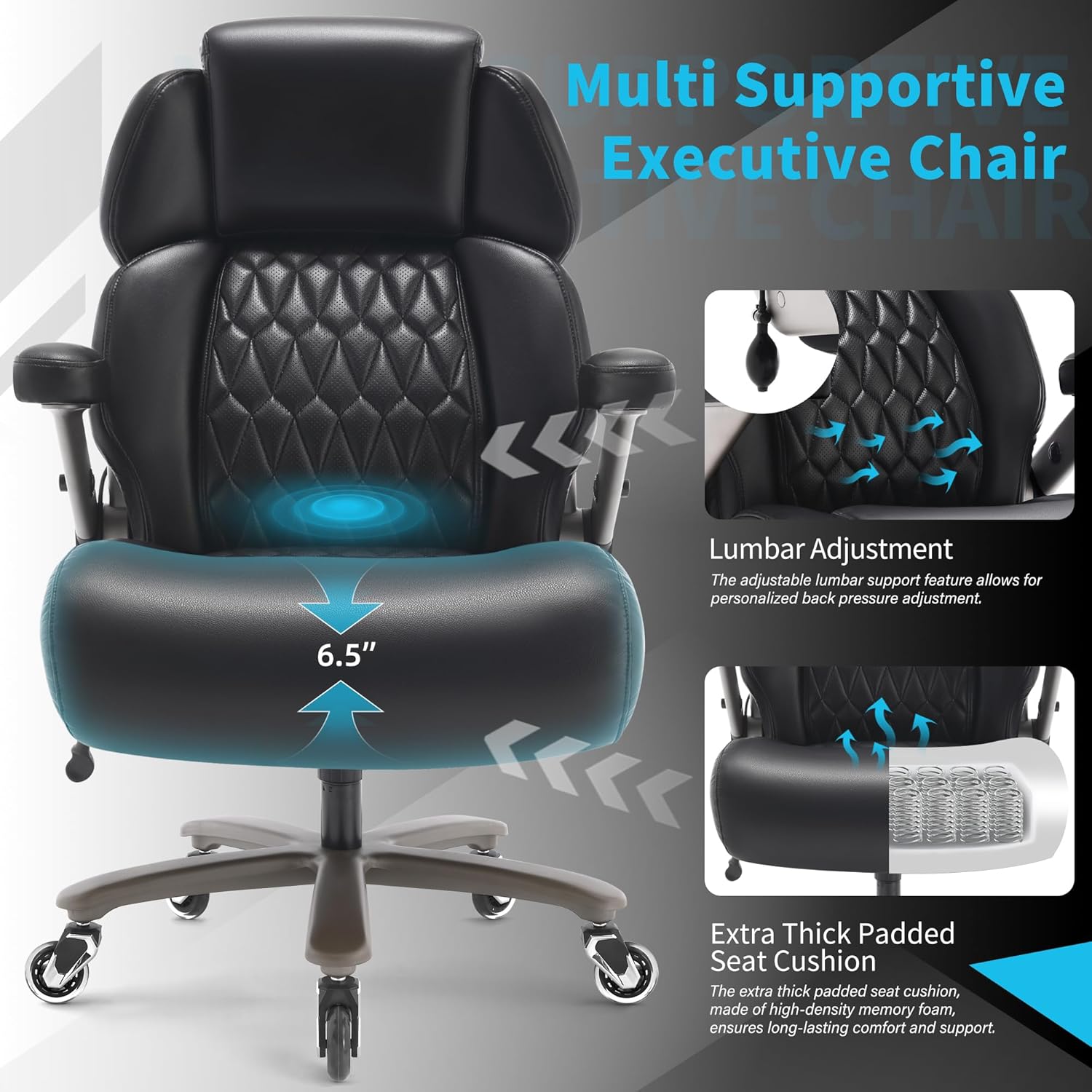 Big and Tall Office Chair 700lbs - Adjustable Headrest&Lumbar Support, 3D Flip Arms, Large Wheels &Heavy Duty Metal Base, Ergonomic High Back Computer Chair Desk Chair, Thick Padded Extra Wide Seat