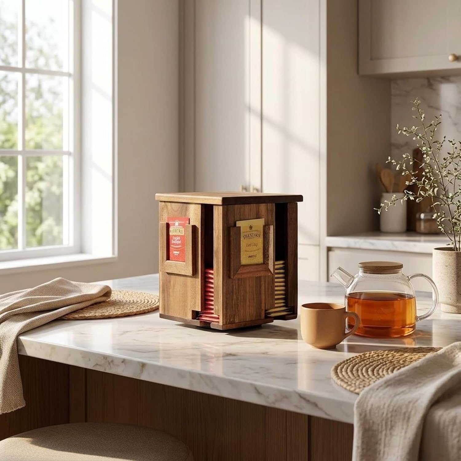 Rotating Tea Bag Organizer, Acacia Wood, 4-Sided | Storage Box, For Home or Office, 4-Sided Rotating Design