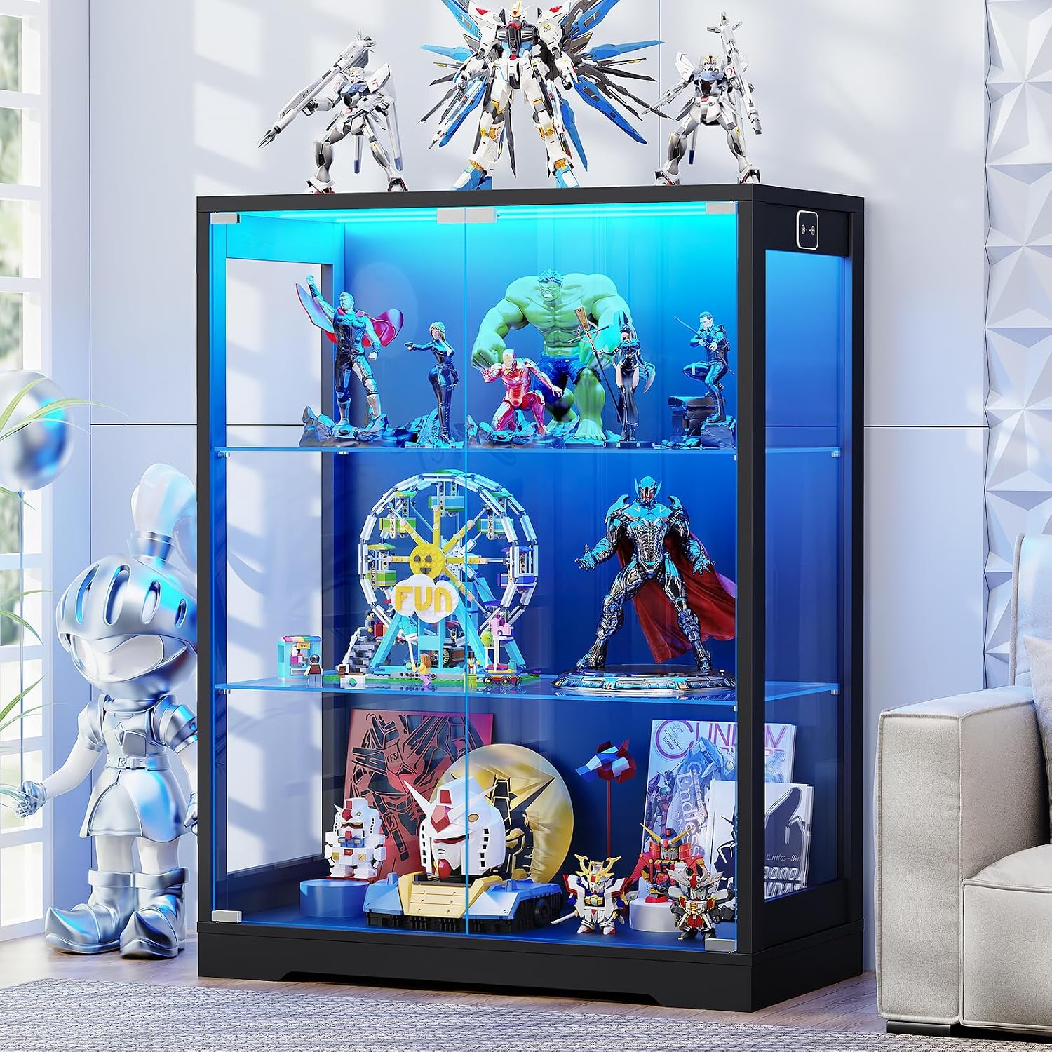 BROTTAR Display Cabinet with Glass Doors & 3 Color LED Lights | Glass Display Case with Adjustable Glass Shelves & Motion Sensor, 3-Tier Curio Cabinet for Collectibles, Living Room, Black