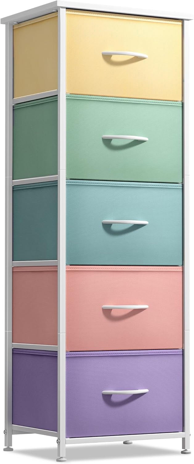 Sorbus Fabric Dresser for Kids Bedroom - Chest of 5 Drawers, Tall Storage Tower, Clothing Organizer, for Closet, for Playroom, for Nursery, Steel Frame, Fabric Bins - Wood Handle (Pastel)