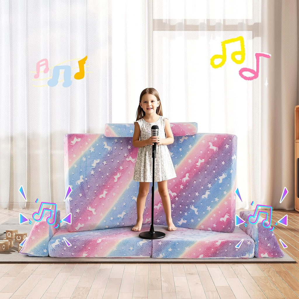 Costzon 8 Pcs Modular Kids Play Couch, Glow in the Dark Toddler Sectional Sofa with Handles, Convertible Sofa Foam Couch for Building Fort, Playroom & Kids Room Furniture (8-pcs,Multicolor)