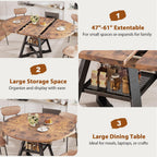 47‘’-61‘’ Extendable Round Dining Table for 6-8, Modern Industrial Kitchen Oval Dining Table with Removable Leaves, Space Saving Pedestal Base with Storage Shelf for Kitchen Living Room (Vintage)