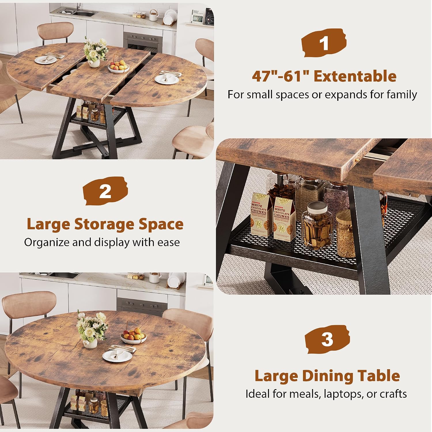 47‘’-61‘’ Extendable Round Dining Table for 6-8, Modern Industrial Kitchen Oval Dining Table with Removable Leaves, Space Saving Pedestal Base with Storage Shelf for Kitchen Living Room (Vintage)