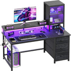 DurayLoly 47" Gaming Desk with Hutch and Cabinet to Display, Gaming Table with 3 Drawers for Small Space Storage, 2 AC Power Outlets and RGB Light, Monitor Stand for Student Bedroom