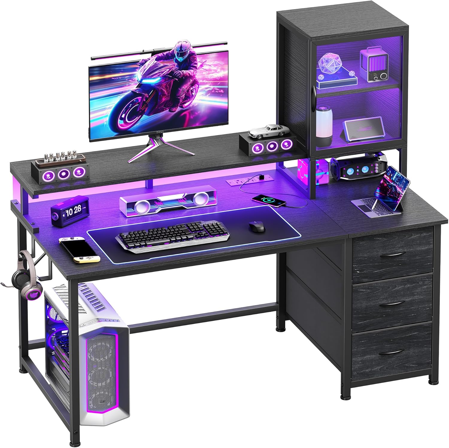 DurayLoly 47" Gaming Desk with Hutch and Cabinet to Display, Gaming Table with 3 Drawers for Small Space Storage, 2 AC Power Outlets and RGB Light, Monitor Stand for Student Bedroom